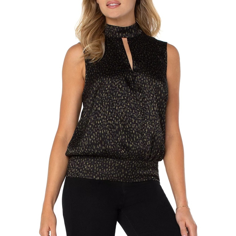 Liverpool Black and Gold Sleeveless Keyhole Mock Neck Blouse
